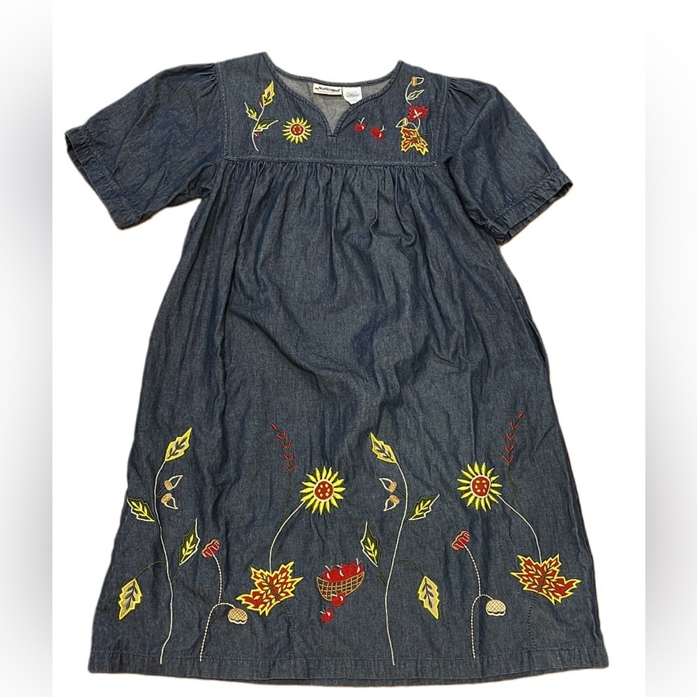 Womens Fall Embroidered Full Length Denim Dress With Pockets Size Large